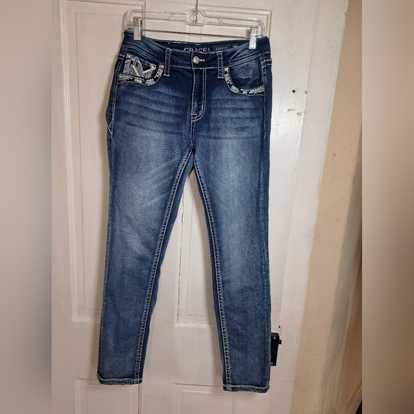GRACE IN LA CHEVRON EMBELLISHED MID RISE SKINNY DENIM JEANS SIZE 29 - Picture 4 of 12
